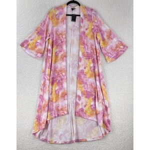 Torrid Hacci Kimono Caridgan Womens Size 1X Pink Watercolor Open Short‎ Sleeve